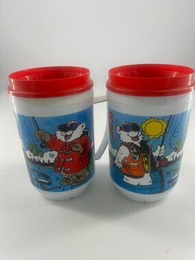 Phillips 66 Polar Bear Collectible Travel Mugs Ice Fishing Set Insulated Rare